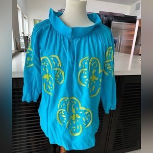 Gretchen Scott, embroidered cotton turquoise, blouse, size medium
